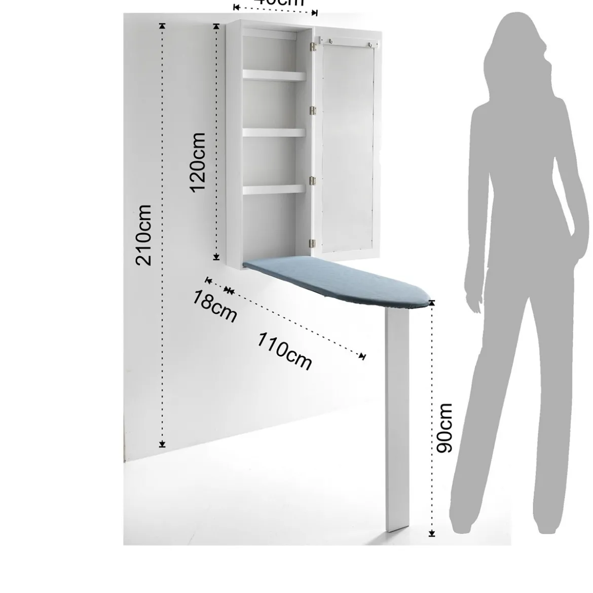 Platico pensile con asse da stiro laccato bianco opaco anta con specchio h120 l40 p18 cm