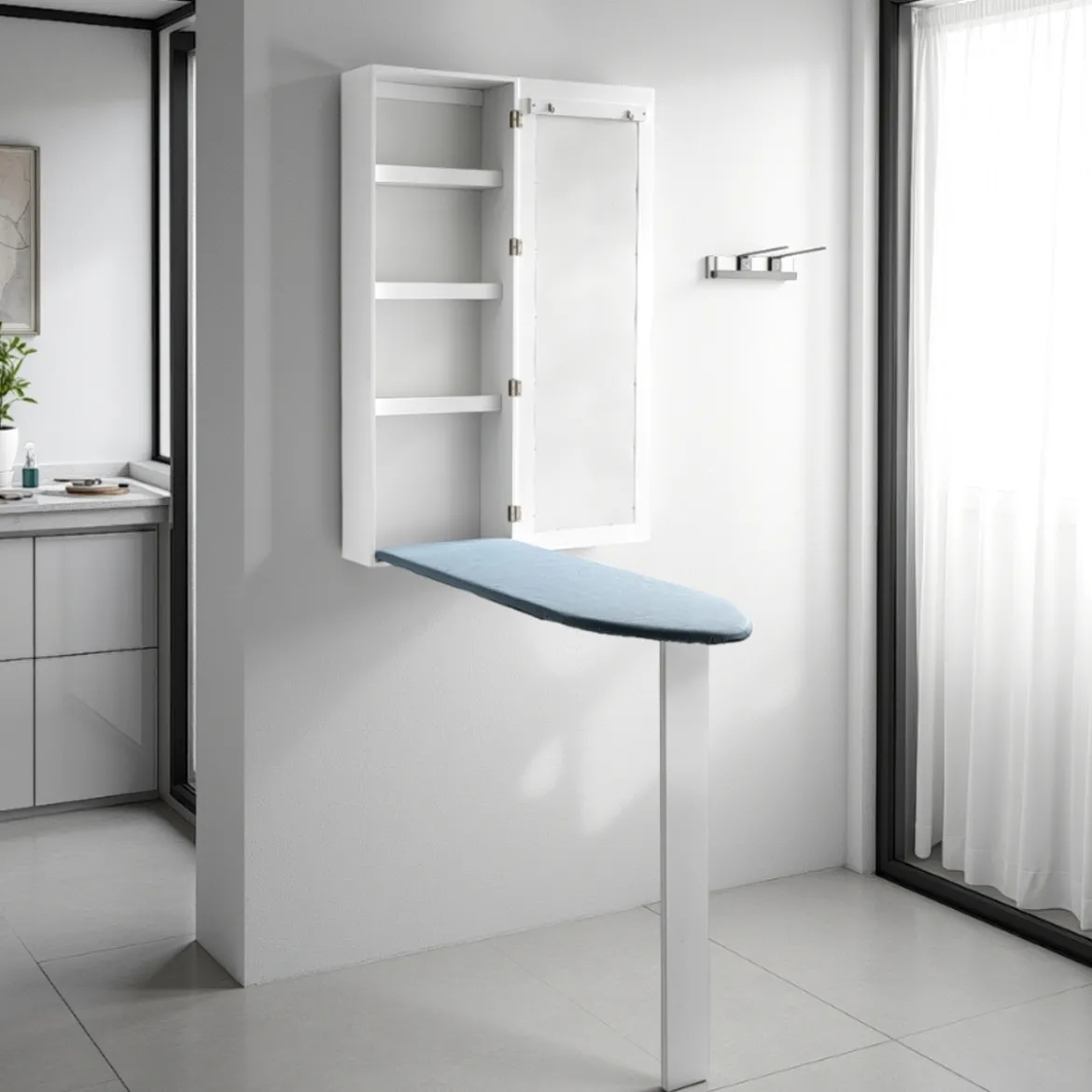 Platico pensile con asse da stiro laccato bianco opaco anta con specchio h120 l40 p18 cm