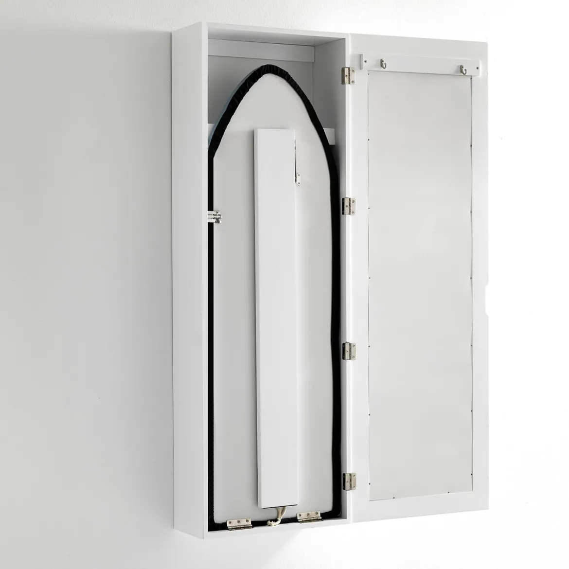 Platico pensile con asse da stiro laccato bianco opaco anta con specchio h120 l40 p18 cm
