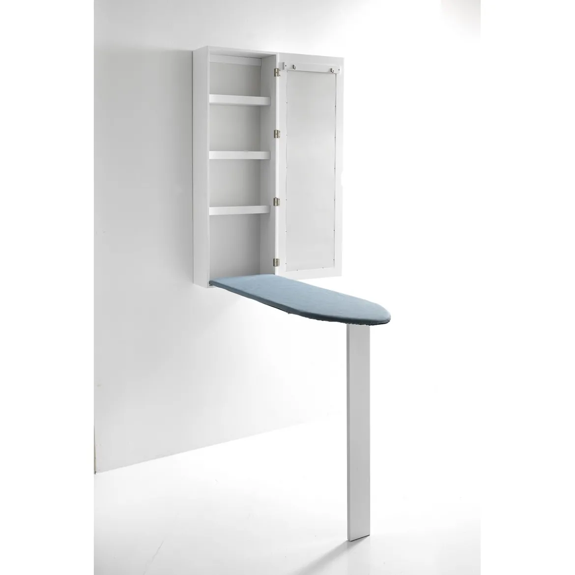 Platico pensile con asse da stiro laccato bianco opaco anta con specchio h120 l40 p18 cm