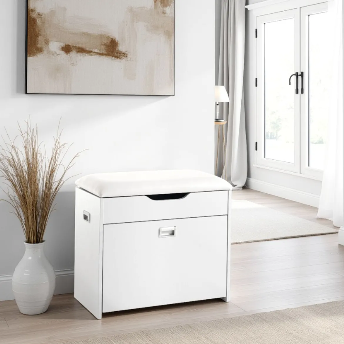 Pratiko-b scarpiera / panca in mdf laccata bianco opaco 1 anta e 1 vano contenitore 60x30xh55 cm