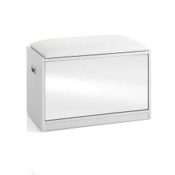 Pratiko-c scarpiera / panca in mdf finitura bianco opaco cuscino in pelle sintetica bianco anta a specchio cm h44 l63 p34
