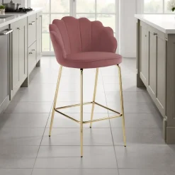 Shell pink sgabello in tessuto effetto velluto rosa cipria e metallo verniciato oro lucido 56x58xh92 cm seduta h 65 cm
