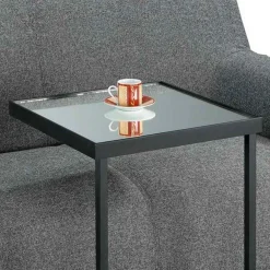 Tati tavolino / comodino piano con vetro a specchio in acciaio verniciato nero opaco 39x39 h55.5 cm