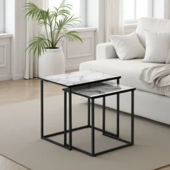 Thin white marble set 2 tavolini in acciaio grigio antracite opaco e mdf finitura marmo bianco lucido