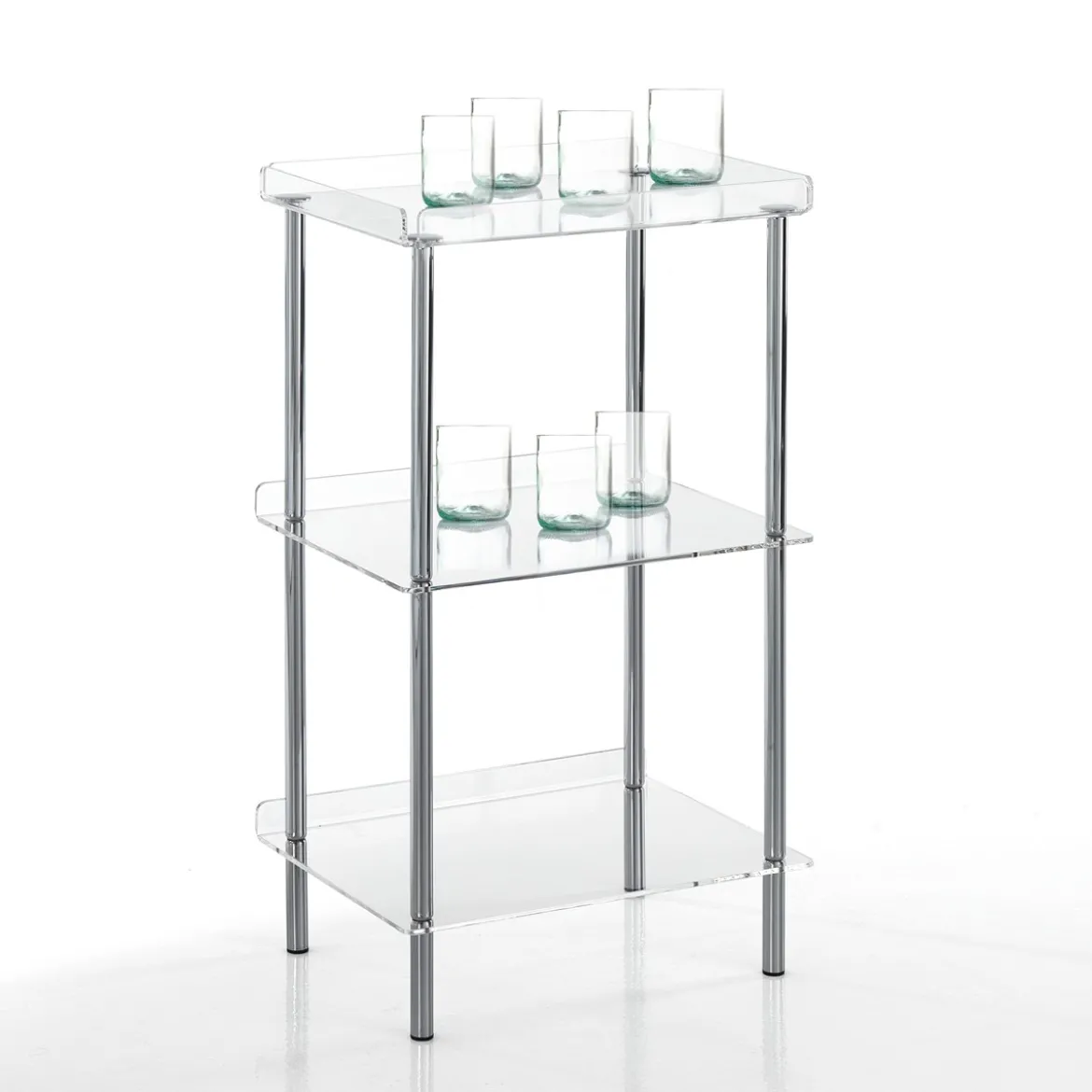 Tino scaffale in acrilico trasparente e acciaio cromato 40x30xh75 cm