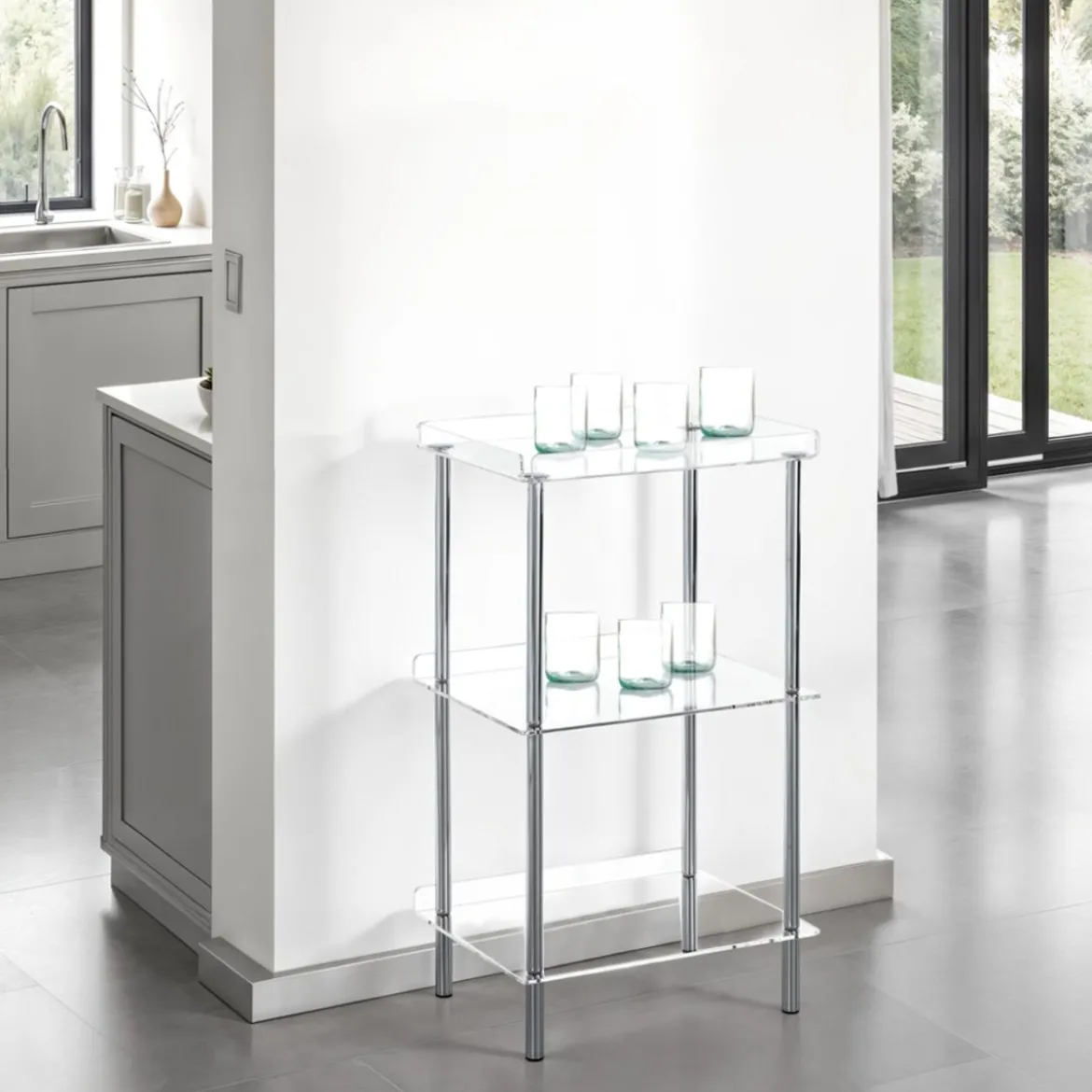 Tino scaffale in acrilico trasparente e acciaio cromato 40x30xh75 cm