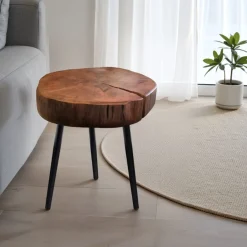 Trunk-a tavolino rotondo in legno massello e metallo nero opaco h42 ø35 cm