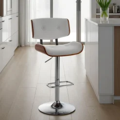 Uppsala sgabello in pelle sintetica bianca e finitura noce base in metallo cromato 51x55xh95-115 cm