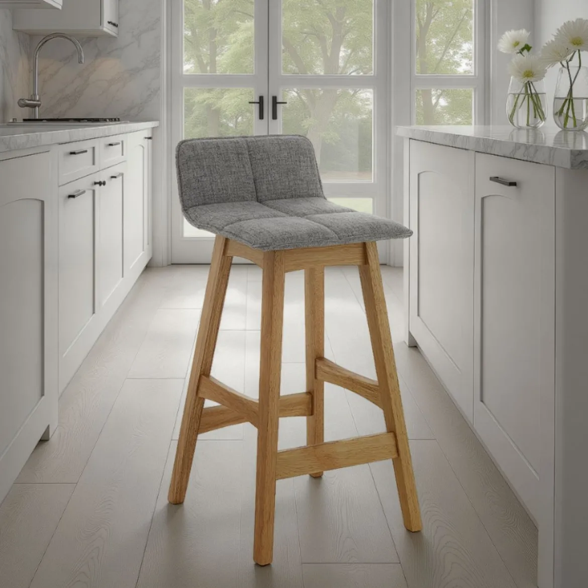 Varm wood sgabello in tessuto grigio e legno massello tinto finitura rovere 39x47xh68 cm