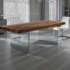 Waver Wood Tavolo Fisso / Scrivania finitura Noce anticato e gambe in Vetro Temprato, 200 x 100 x h 76 cm