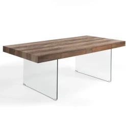 Waver Wood Tavolo Fisso / Scrivania finitura Noce anticato e gambe in Vetro Temprato, 200 x 100 x h 76 cm