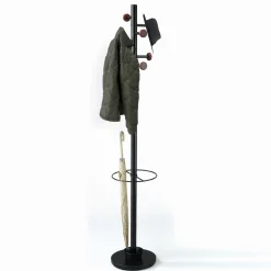 Wells appendiabiti portaombrelli ari in acciaio nero opaco e pomelli legno finitura noce h173xd30.5 cm