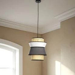 Wien b lampadario rivestito in tessuto colorato grigio bianco e paglia di vienna cn cavo regolabile d39 h46 cm