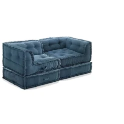 Yara waffle blue divano 2 posti rivestimento cotone nido d'ape blu dimensioni l160 p80 h60 cm